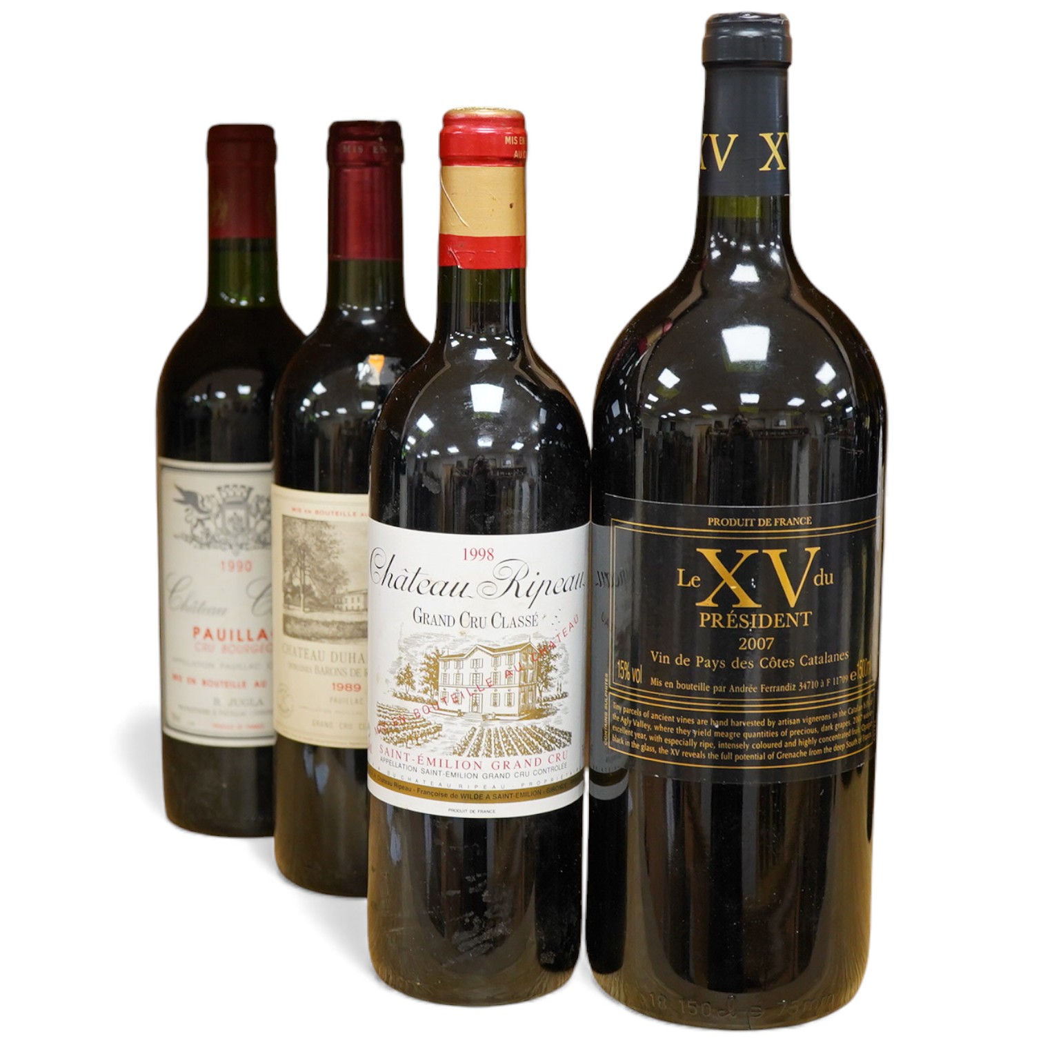 Three bottles of French wines to include Chateau Ripeau, 1998 and Chateau Canyon, 1990 together with a magnum of Le XV du President, 2007